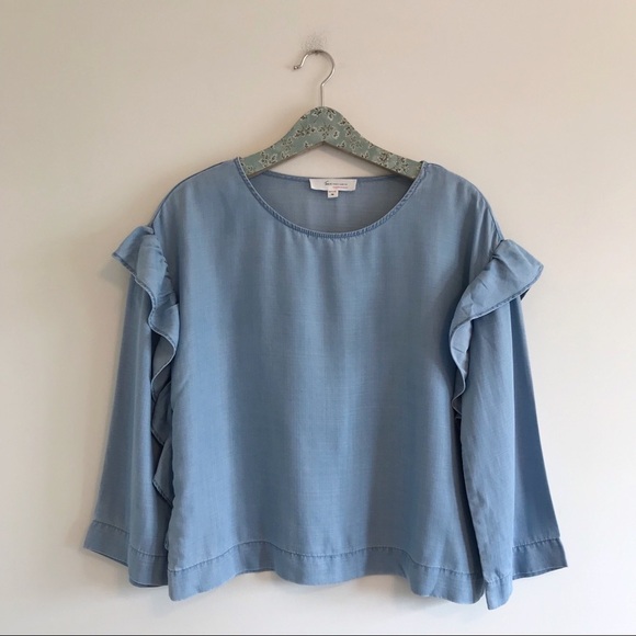 Two by Vince Camuto | Chambray Ruffle Sleeve Top - Picture 1 of 6